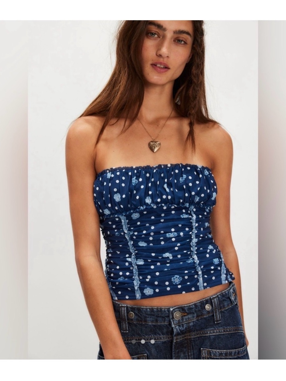 NWT Free People Scottie Floral Mesh Ruffle Tube Top Sz S
Pageant Blue
Smocked